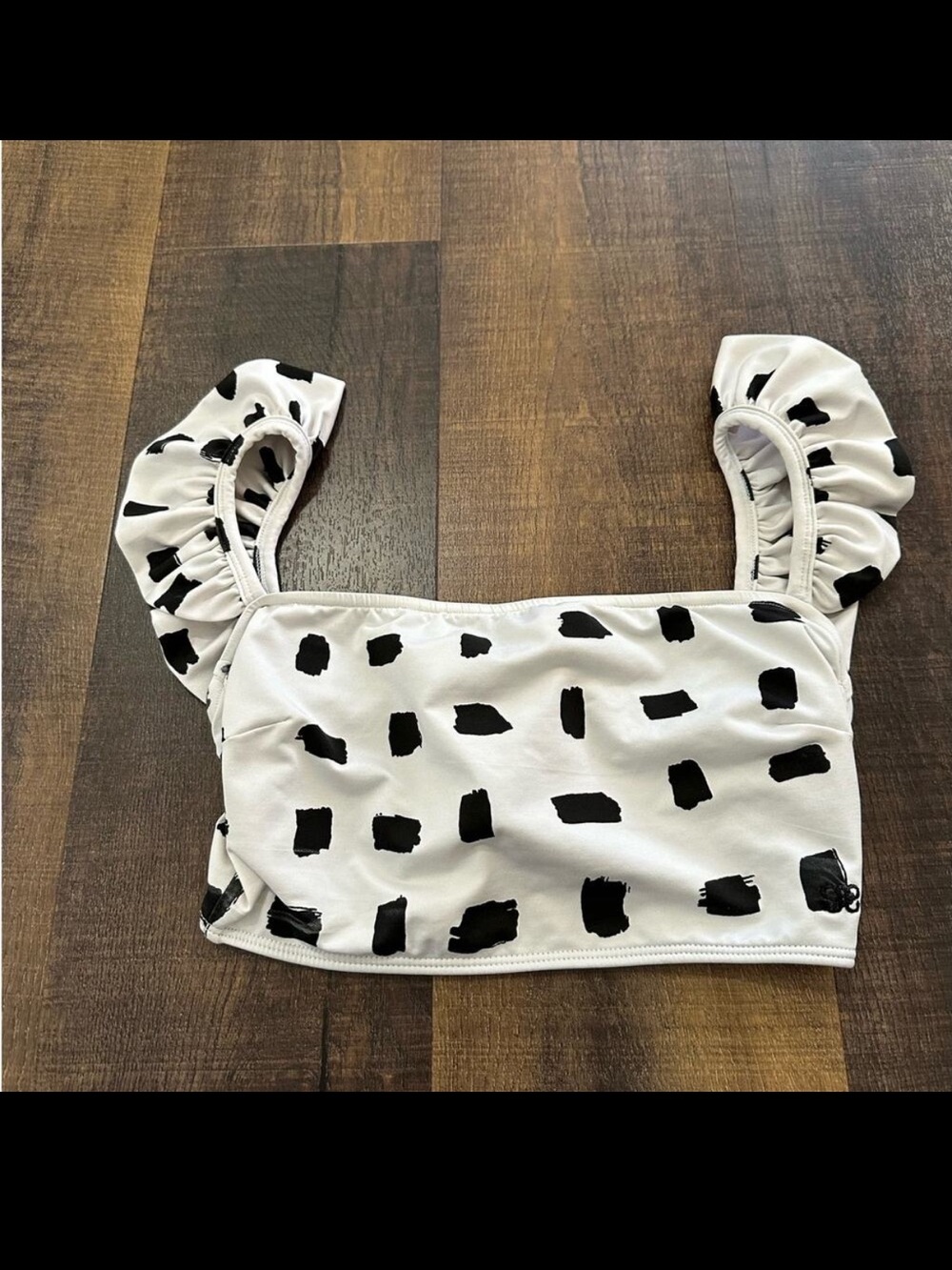 Albion Fit Black White Ruffle Strap Bikini Top Polka Dot Swim Top Size Small